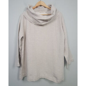 Soft Surroundings Cowl Neck Top L Linen Cotton Gauze 3/4 Sleeve Blouse Oatmeal